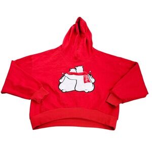 Coca-Cola Hoodie Women S Cropped Polar Bear Graphic Red Plush Patch EUC